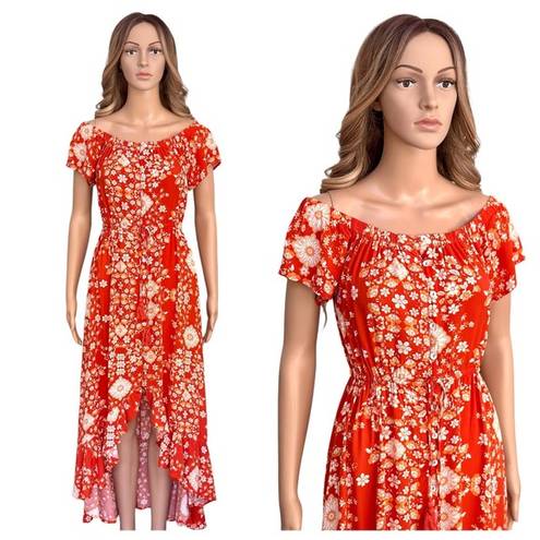 Abel the label  Rustica Floral orange hi-low midi dress Off Shoulder Ruffle Small