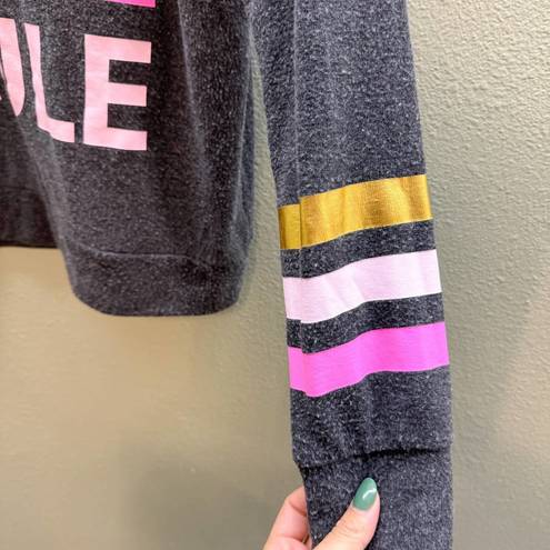 Chaser  Grey Let Love Rule Pink + Gold Stripe Sleeve Sweatshirt - Medium