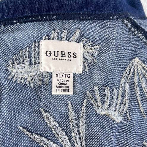 Guess Women's Burnished Denim Bomber Jacket Size XL Embroidered Palm Tropical