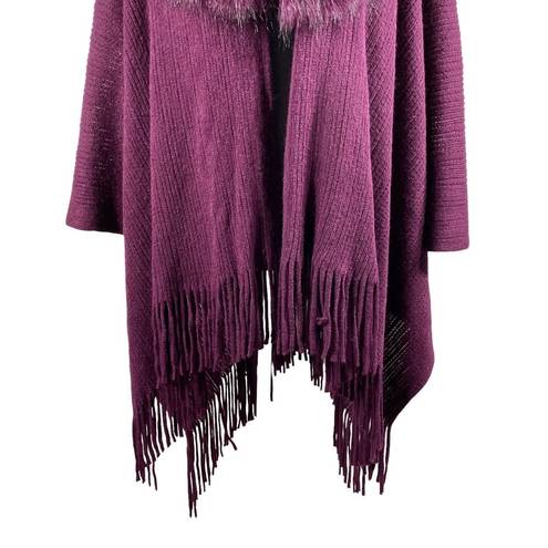 Young USA Knit Poncho Cape Shawl Faux Fur Collar Fringe OSFM Plum Purple NEW!