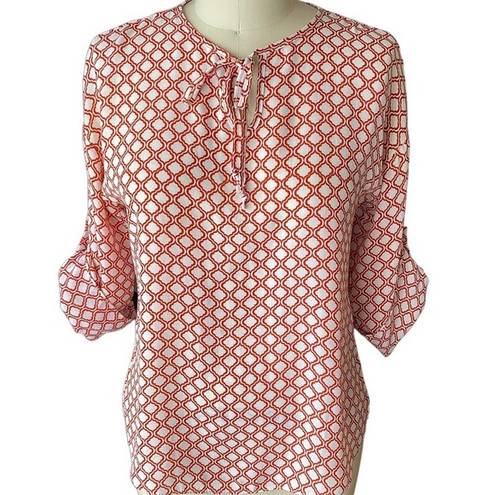 Moa Moa  Rust Geometric Print 3/4 Sleeve White Blouse ~ Women's Top Size MEDIUM