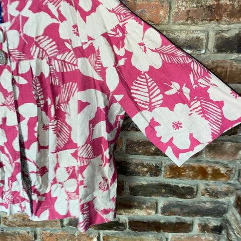 Basic Editions  Pink Beige 2-Button Hawaiian Tropical Linen Top Women's Size 2X