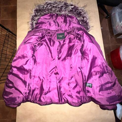 Celebrity Pink  Puffer Coat with Faux Fur Hood Purple Small Princess taper fit