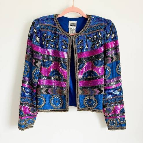 Vintage Blue  Pink Beaded Sequin Silk Blazer Jacket Mardi Gras sz Small