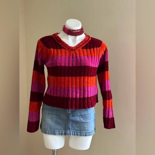 Energie Sweater Stripes Bright Red,Pink, & Orange V Neck SZ M Great Cond