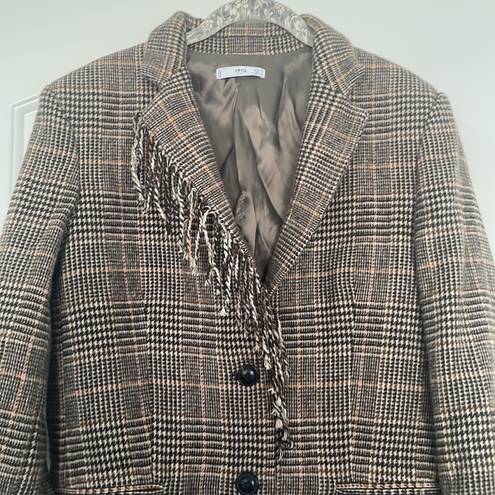 Mango  Wool Blend Fringe Plaid Blazer Sz S