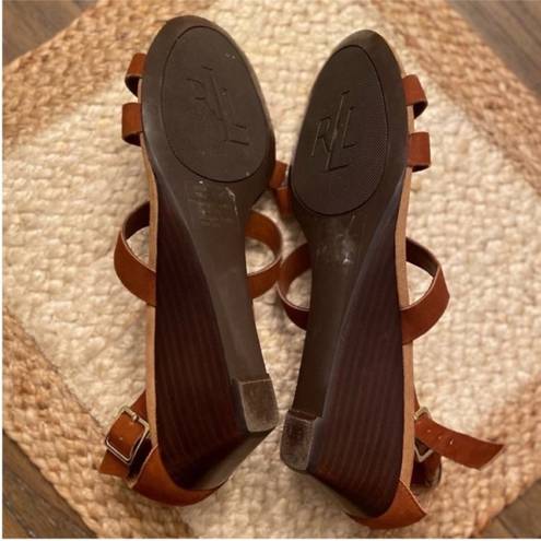 Ralph Lauren  Brown Cognac Suede Leather T-Strap Lydia Wedge Sandals Size 10