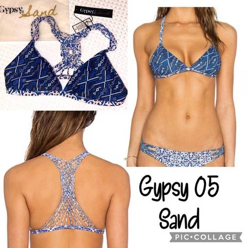 Gypsy 05 NEW!  SAND Bikini Size Small Crochet Racerback Top Blue Multi Tile Print