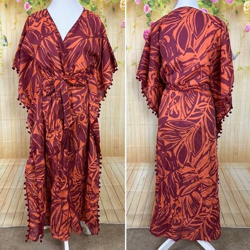 TRUE DESTINATIONS Floral Cover Up Kaftan Robe Maxi Size S Orange