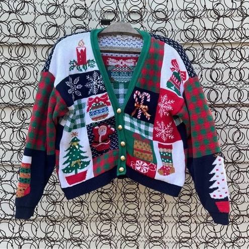 The Loft Y2K Sweater Ugly Christmas Holiday Cardigan Patchwork Americana red green