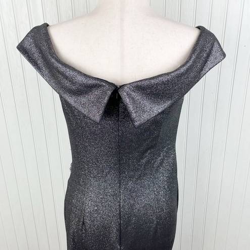 Oleg Cassini  Beaded Ruched Metallic Off-Shoulder Sheath Gown Gunmetal Size 12