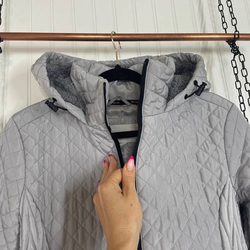 BCBGeneration  Womens Gray Quilted Chevron Puffer Faux Fur Hooded Coat Size M