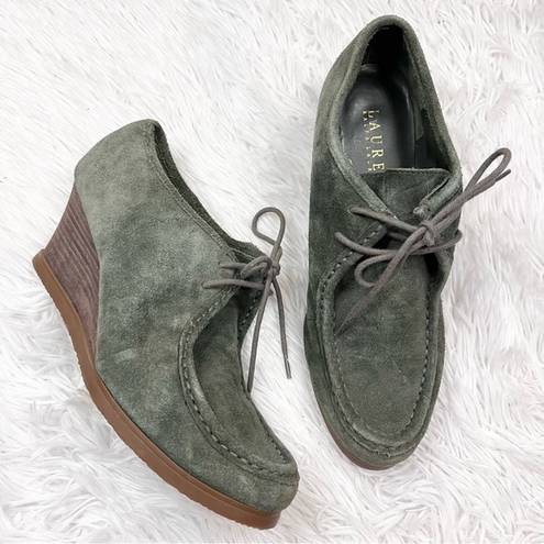 Ralph Lauren LAUREN  Denver Green Suede Leather Oxford Lace Up Wedges 8.5 B NEW