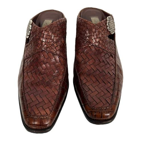 Brighton  TWAIN Woven & Croc Embossed Leather Stubbed Toe Backless Clogs Mules