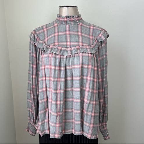 Peace Love World  plaid mock Neck Blouse Top Size M Smocking Detail