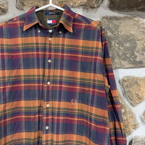 Tommy Hilfiger Vintage Orange/Blue Plaid  Flannel w/ Embroidered Crest