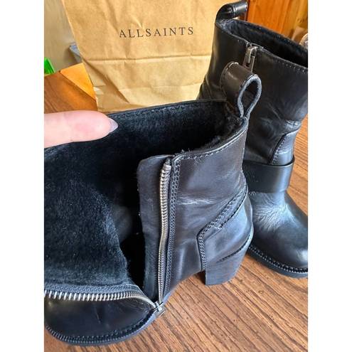 ALLSAINTS  Black Moto Shearling Fur Lined Boots Block Heels Chunky size 36(US6)