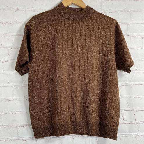 Sag Harbor  Womens Sweater M Brown Metallic Ribbed Mock Neck Career Church Boho