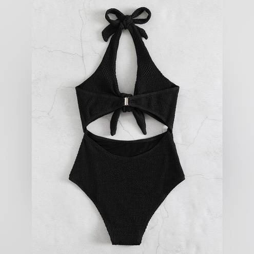 One Piece Black textured cut out halter  swimsuit