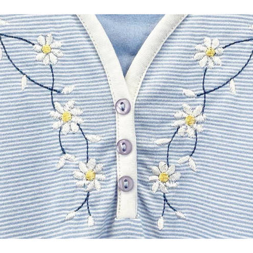 Daisy Shenanigans Womens M  T-Shirt Short Sleeve Blue White Striped Embroidered