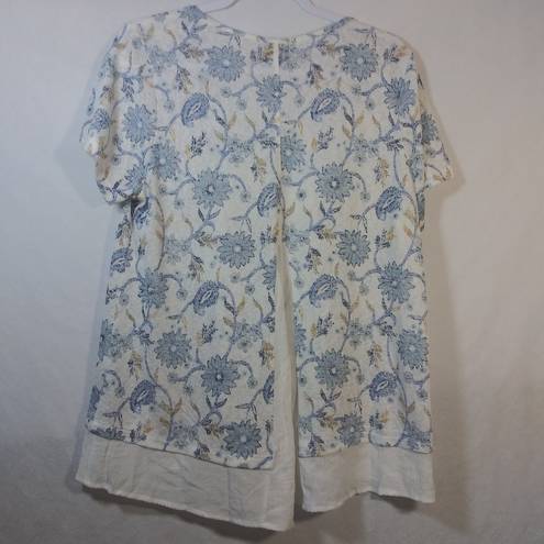 Bobeau  Cream Blue Floral Short Sleeve Top Fly Away Back Size XL