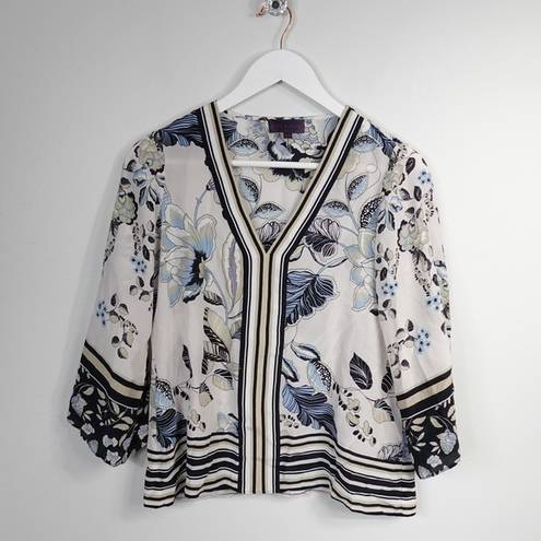 Hale Bob  100% Silk Blue White Floral V-Neck 3/4 Sleeve Flowy Blouse