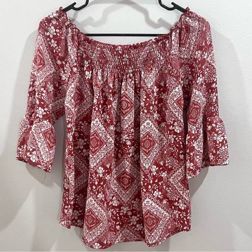 Potter’s Pot Rust and white print on or off shoulder top size small