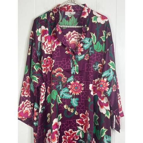 Natori NWT  Kasumi Mandarin Sleepshirt 3/4 Length Purple Floral Size XL