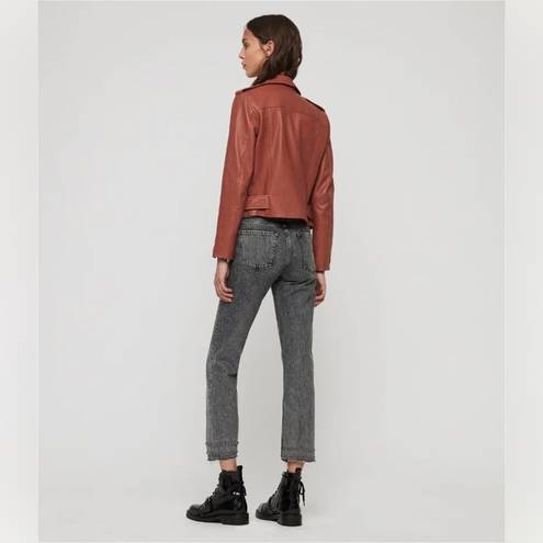 All Saints Balfern Belted Hem Leather Biker Jacket in Rosewood, in size 8