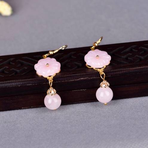 18K Gold Plated Pink Agate Flower Dangle Drop Earrings for Women,Flower Earrings