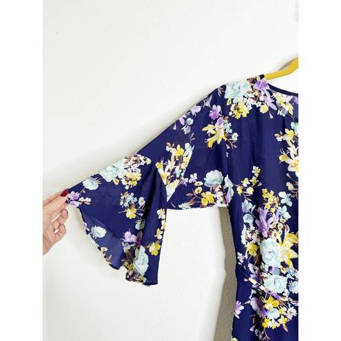 Bobeau B Collection by  Astrid Floral Blue Apron Mini Wrap Dress 3/4 Sleeves XS