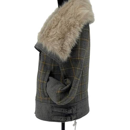 Banana Republic  Womens Faux Fur Coat Jacket Plaid Lined Zip Up Gray Yellow Small