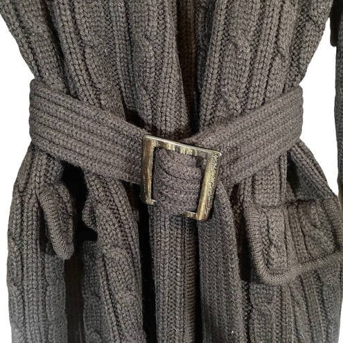 W By Worth Worth Black Cable Knit Heavy Wool Blend Long Belted Sweater Cardigan Women Sz L