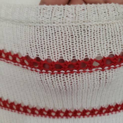 W By Worth  Womens Sweater Size S Stripe Fringe Open Knit White Red Long Sleeve