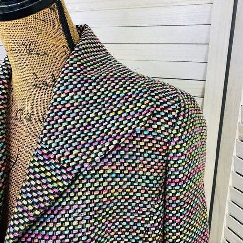 Doncaster  Neon Rainbow Silk Tweed Open Front Crop Blazer Jacket Black Multi 6