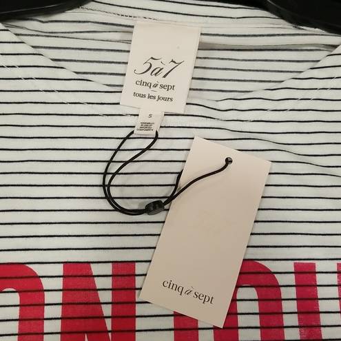 Bonjour 💕CINQ A SEPT💕 Boatneck Striped Graphic Tee ~  Black & White Small S NWT