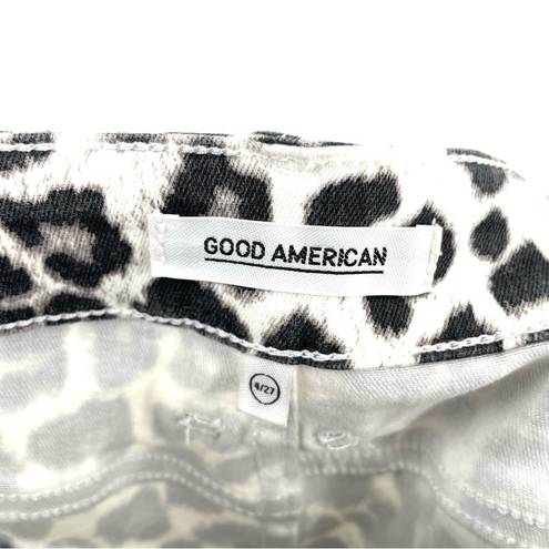 Good American  The Cut Off Denim Short High Rise Snow Leopard Print