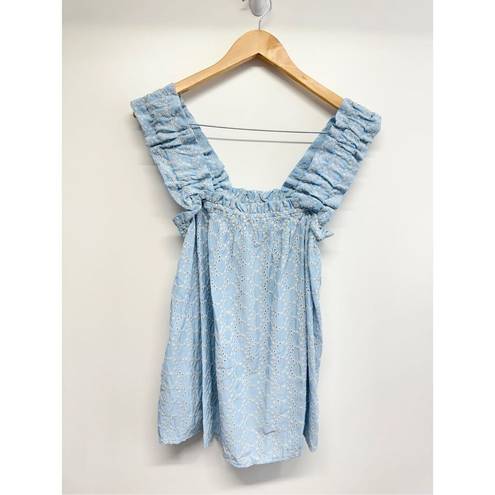 AQUA  Eyelet Top Size Large Blue Ruffle Pullover Wide Strap Woven Tank NEW