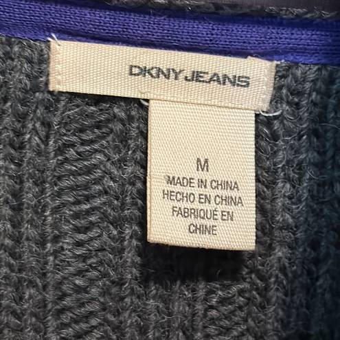 DKNY  Jeans Charcoal Gray Cardigan Sweater with Faux Fur Accent—Size Medium