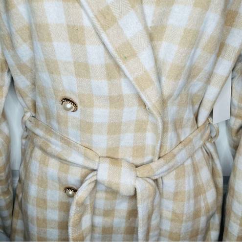 Aura  It's A Look Beige Plaid Coat Tie Double Breast Pearl Button M J NWT