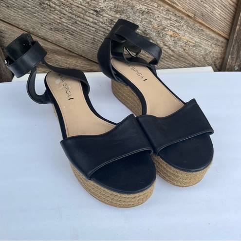 Via Spiga  Nemy Black Leather Ankle Strap Platform Espadrilles Sandals, 9