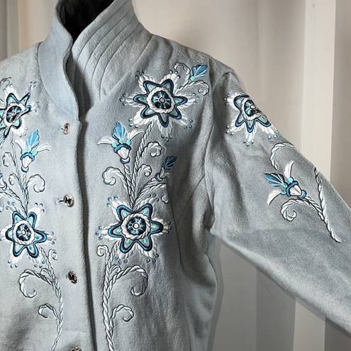 Bob Mackie  Women’s Wearable Art Light Blue Fleece X-Large Embroidered Jacket EUC