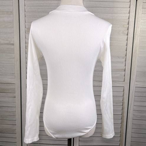 Aura  Long Sleeve Mock Neck Bodysuit Stretchy Ribbed White-M/L