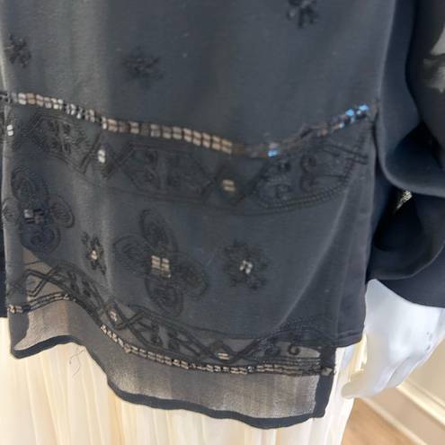 Valerie Stevens Sheer Black Silk Embroidered Button Down Blouse