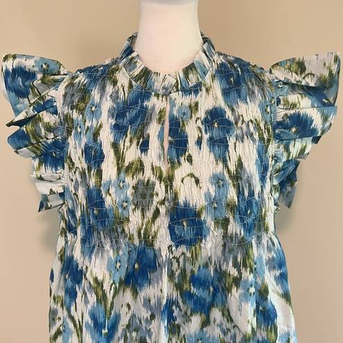 Tuckernuck  Blue Floral Flutter Sleeve Smocked Cotton Blouse NWT Size XL