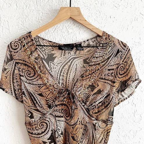 Sheer silk‎ blend tie front bohemian style beaded top size Large