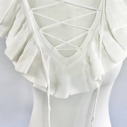 Central Park West New  Lace Up Ruffle Sleeveless Knit Bodysuit White