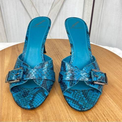 Brian Atwood  Maritima Snake Print Heeled Mule Sandals Turquoise 8.5