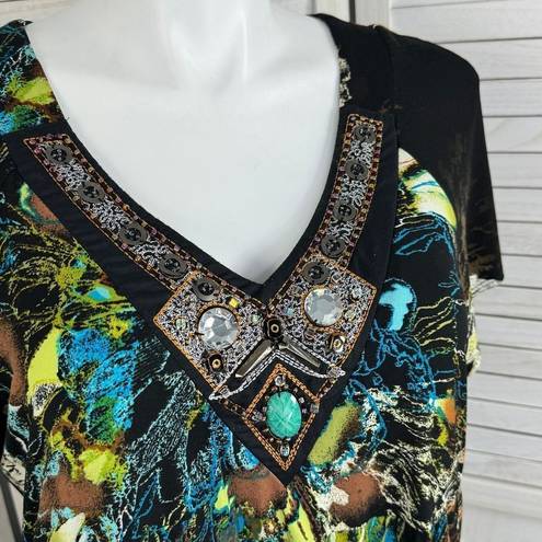 Tiana B Abstract Floral Beaded Neck Ruffle Hem Shift Dress Brown Multi 14