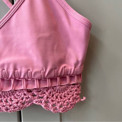 Carbon 38  Crochet Banded Macrame Pink Barbie Cropped Sports Bra Small Athletic